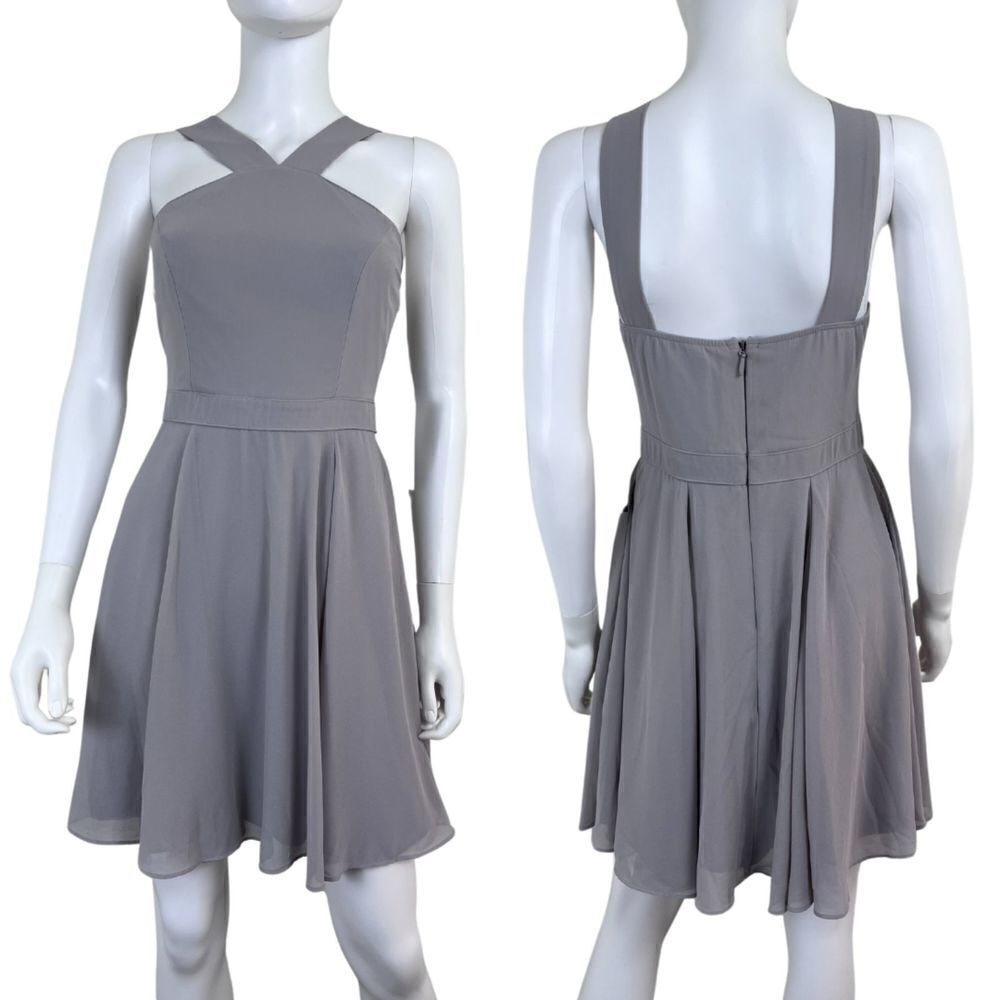 Lulus Forevermore Women Size M Gray Halter Fit & Flare Chiffon Mini NEW Dress
